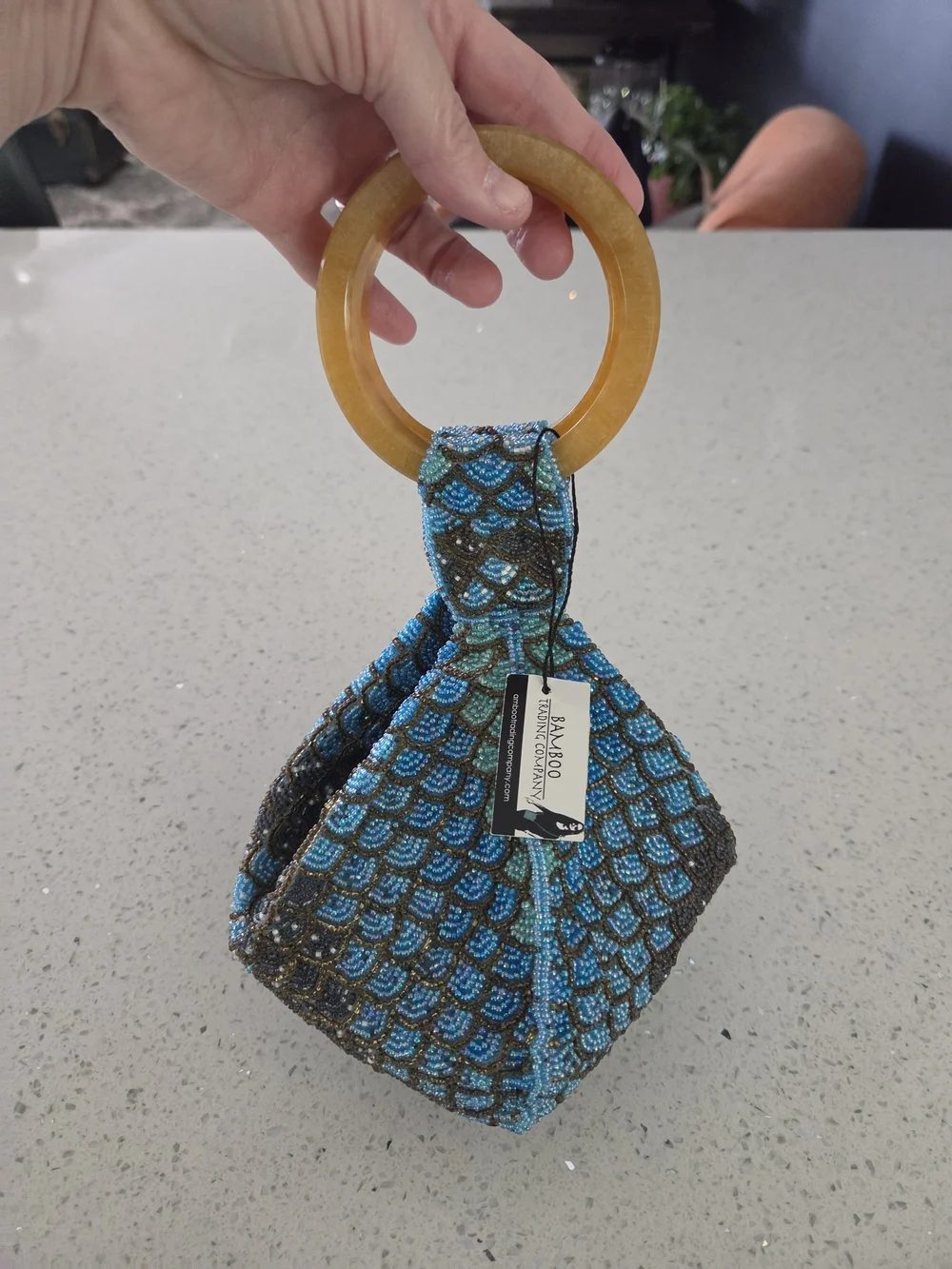 Bamboo Trading Company Mermaid Shimmer Beaded Handbag Wooden Bangle Handle NWT